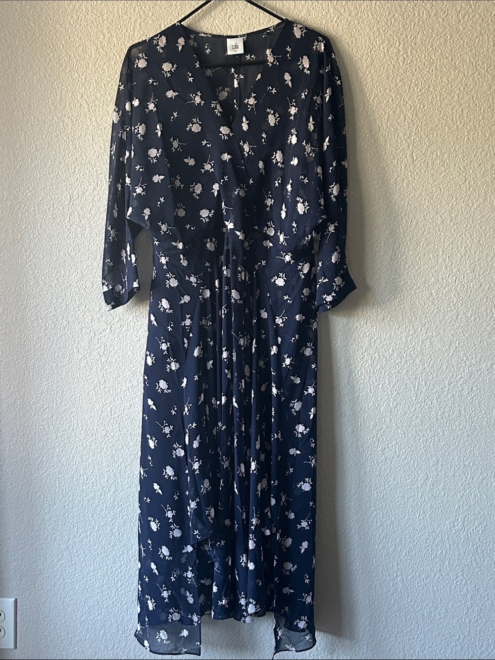 Cabi Navy and White Floral chiffon Maxi Dress
